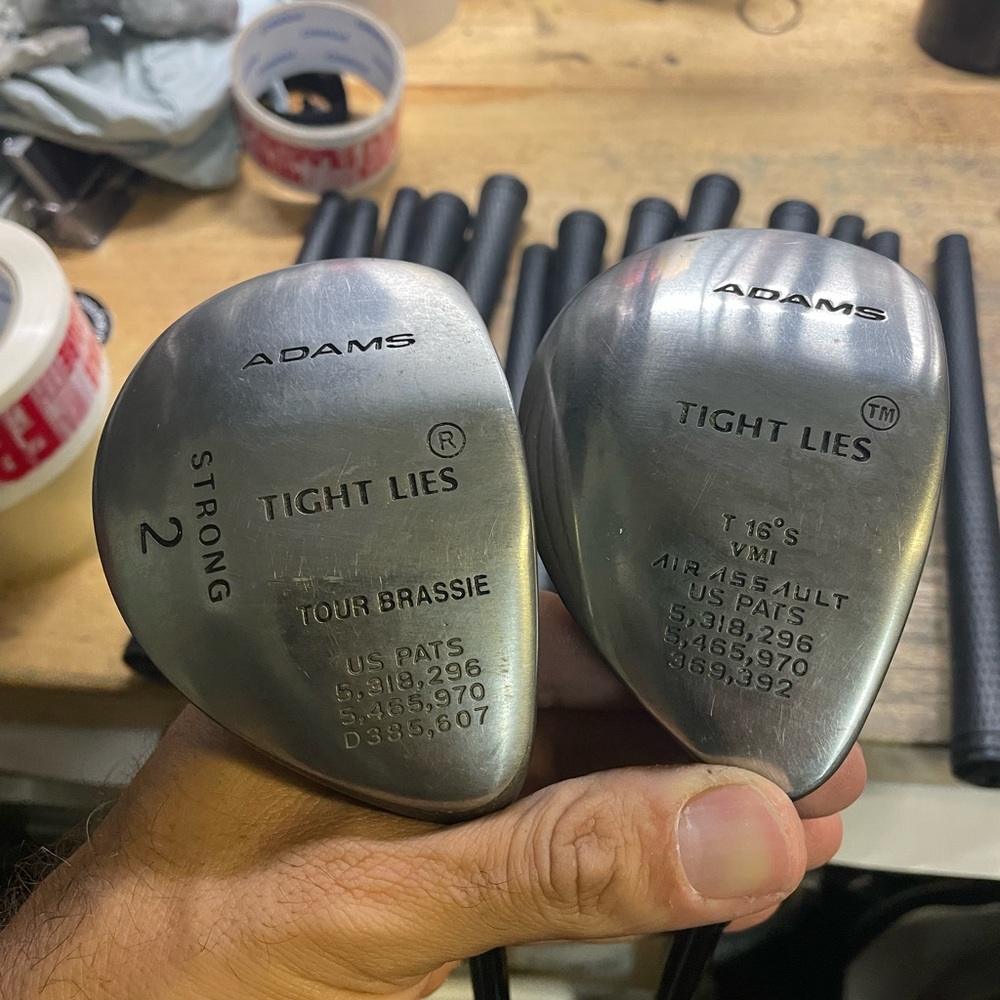 Adams golf wood 2 and T16 in right hand 
Graphite shaft in firm flex